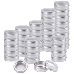 Foraineam 40 Pack 2 Ounce Round Tin Cans Metal Empty Tins Silver Aluminum Kitchen Office Travel Storage Containers With Clear Screw Top Lids