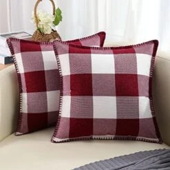 DecorUhome Set Of 2 Throw Pillow Covers, Farmhouse Buffalo Plaid Check Decorative Pillow Covers For Bed Couch Sofa, 18x18 Inches, Cream White And Beige -GENERIC Shop 51OmBniQkFL. AC