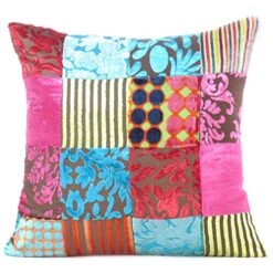 Eyes Of India Colorful Velvet Boho Throw Pillow Cover, Decorative Bohemian Cushion Case For Sofa Couch, Accent Bedroom Living Room, 16x16 Inch (40x40 Cm), Red Blue Yellow Pink
