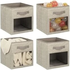 MDesign Fabric Nursery/Playroom Closet Storage Organizer Bin Box With Front Handle/Window For Cube Furniture Shelving Units, Hold Toys, Clothes, Diapers, Bibs, Jane Collection, 4 Pack - Cream/White -GENERIC Shop 51PNAmZvV5L. AC