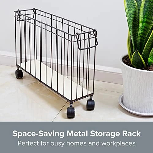 Metal Rack Storage Organizer - Wire Basket File Organizer - Magazine Holder - Metal Wire Rack Caddy W/ Wheels & Removable Liner - Slim Small Basket Storage Container, 19.7x5x13.8” Black Wire Basket 2 Metal Rack Storage Organizer - Wire Basket File Organizer - Magazine Holder - Metal Wire Rack Caddy W/ Wheels & Removable Liner - Slim Small Basket Storage Container, 19.7x5x13.8” Black Wire Basket - Image 2