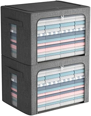 2 Pack Clothes Storage Bins - Stackable Metal Frame Storage Box Foldable Linen Fabric Box Organizer With Carrying Handles And Clear Window (Beige, 15.7X 11.8X 11.7 Inch) 11 2 Pack Clothes Storage Bins - Stackable Metal Frame Storage Box Foldable Linen Fabric Box Organizer With Carrying Handles And Clear Window (Beige, 15.7X 11.8X 11.7 Inch) - Image 11