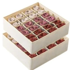 Qozary 2 Pack Socks Underwear Drawer Organizer Divider, 24 Cell Or 16 Cell Collapsible Cabinet Closet Organizer Storage Boxes For Clothes, Socks, Lingerie, Underwear, Ties (Beige, 24+24 Cell)