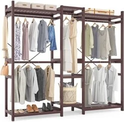 Homykic Bamboo Clothes Rack, Large Closet System Clothing Rack For Hanging Clothes, Freestanding Garment Rack With Shelves And 5 Rods, Open Wardrobe Organizer With 4 Hooks, 70”Wx77”H, White -GENERIC Shop 51QrrRODzL. AC