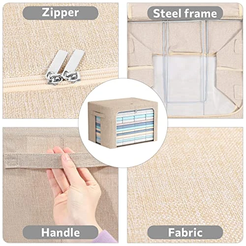 2 Pack Clothes Storage Bins - Stackable Metal Frame Storage Box Foldable Linen Fabric Box Organizer With Carrying Handles And Clear Window (Beige, 15.7X 11.8X 11.7 Inch) 3 2 Pack Clothes Storage Bins - Stackable Metal Frame Storage Box Foldable Linen Fabric Box Organizer With Carrying Handles And Clear Window (Beige, 15.7X 11.8X 11.7 Inch) - Image 3