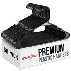 HOUSE DAY Black Plastic Hangers 50 Pack, Plastic Clothes Hangers Space Saving, Sturdy Clothing Notched Hangers, Heavy Duty Coat Hangers For Closet, Laundry Hangers For Adult Coat, Suit, Shirt, Dress