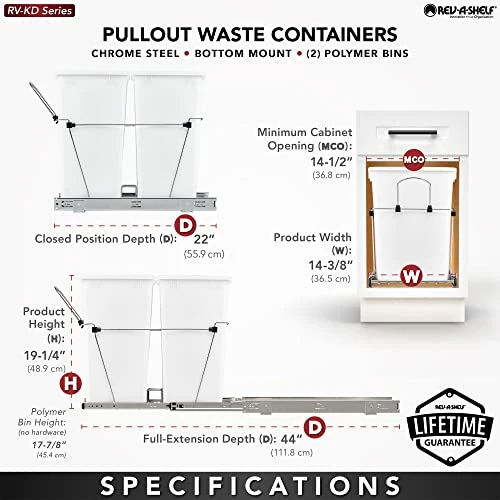Rev-A-Shelf RV-18KD-18C S Double 35 Quart Sliding Pull-Out Waste Containers Garbage Trash Recycling Bins For Kitchen Cabinets, Black 3 Rev-A-Shelf RV-18KD-18C S Double 35 Quart Sliding Pull-Out Waste Containers Garbage Trash Recycling Bins For Kitchen Cabinets, Black - Image 3