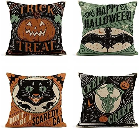 Rouihot Set Of 4 Linen Throw Pillow Covers 18x18 Inch Vintage Halloween Scaredy Cats Pumpkins Skeletons Home Decor Pillowcase Square Cushion Covers For Sofa Bed Couch 13 Rouihot Set Of 4 Linen Throw Pillow Covers 18x18 Inch Vintage Halloween Scaredy Cats Pumpkins Skeletons Home Decor Pillowcase Square Cushion Covers For Sofa Bed Couch - Image 13