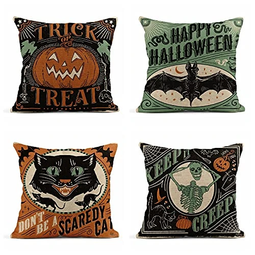Rouihot Set Of 4 Linen Throw Pillow Covers 18x18 Inch Vintage Halloween Scaredy Cats Pumpkins Skeletons Home Decor Pillowcase Square Cushion Covers For Sofa Bed Couch 1 Rouihot Set Of 4 Linen Throw Pillow Covers 18x18 Inch Vintage Halloween Scaredy Cats Pumpkins Skeletons Home Decor Pillowcase Square Cushion Covers For Sofa Bed Couch