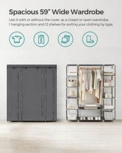 SONGMICS Closet Wardrobe, Portable Closet For Bedroom, Clothes Rail With Non-Woven Fabric Cover, Clothes Storage Organizer, 59 X 17.7 X 69 Inches, 12 Compartments, Gray ULSF03G 14 SONGMICS Closet Wardrobe, Portable Closet For Bedroom, Clothes Rail With Non-Woven Fabric Cover, Clothes Storage Organizer, 59 X 17.7 X 69 Inches, 12 Compartments, Gray ULSF03G -GENERIC Shop 51T8zqPJ95L