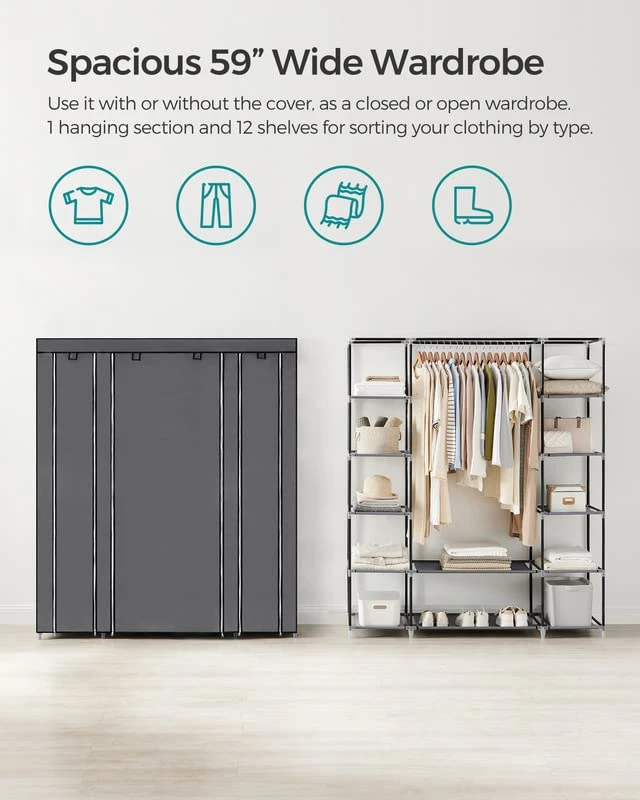 SONGMICS Closet Wardrobe, Portable Closet For Bedroom, Clothes Rail With Non-Woven Fabric Cover, Clothes Storage Organizer, 59 X 17.7 X 69 Inches, 12 Compartments, Gray ULSF03G 3 SONGMICS Closet Wardrobe, Portable Closet For Bedroom, Clothes Rail With Non-Woven Fabric Cover, Clothes Storage Organizer, 59 X 17.7 X 69 Inches, 12 Compartments, Gray ULSF03G - Image 3
