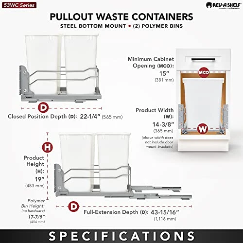 Rev-A-Shelf 53WC-1835SCDM-217 Double 35 Quart Pull-Out Under Mount Kitchen Waste Container Trash Cans With Soft-Close Slides, Silver 5 Rev-A-Shelf 53WC-1835SCDM-217 Double 35 Quart Pull-Out Under Mount Kitchen Waste Container Trash Cans With Soft-Close Slides, Silver - Image 5