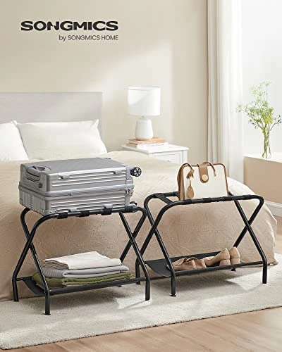 SONGMICS Luggage Racks, Set Of 2, Suitcase Stand With Fabric Storage Shelf, For Guest Room, Bedroom, Hotel, Foldable Steel Frame, Holds Up To 110 Lb, 27.2 X 15 X 20.5 Inches, Black URLR002B02 2 SONGMICS Luggage Racks, Set Of 2, Suitcase Stand With Fabric Storage Shelf, For Guest Room, Bedroom, Hotel, Foldable Steel Frame, Holds Up To 110 Lb, 27.2 X 15 X 20.5 Inches, Black URLR002B02 - Image 2