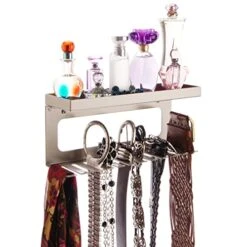 Angelynn's Wall Mount Belt Holder Organizer Display With Accessory Perfume Cosmetic Tray Shelf, Closet Storage Rack, Arinn Satin Nickel Silver