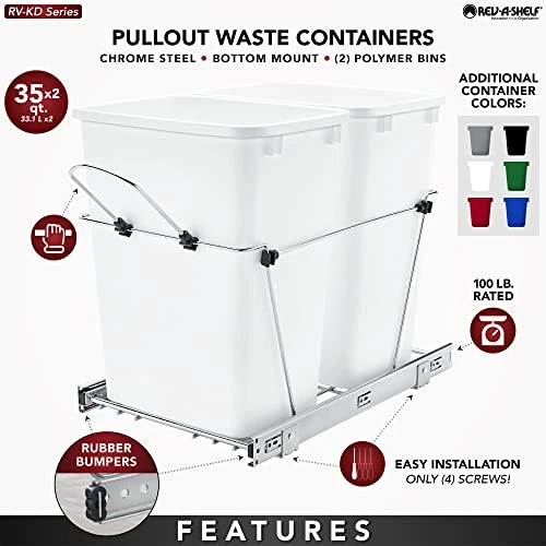 Rev-A-Shelf RV-18KD-18C S Double 35 Quart Sliding Pull-Out Waste Containers Garbage Trash Recycling Bins For Kitchen Cabinets, Black 2 Rev-A-Shelf RV-18KD-18C S Double 35 Quart Sliding Pull-Out Waste Containers Garbage Trash Recycling Bins For Kitchen Cabinets, Black - Image 2