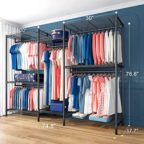 Raybee Clothes Rack Heavy Duty Clothing Racks For Hanging Clothes 830 LBS Metal Clothing Rack Heavy Duty Wire Garment Rack Free Standing Closet Portable & Sturdy 74.8”Wx17.7”Dx76.8”H Black 5 Raybee Clothes Rack Heavy Duty Clothing Racks For Hanging Clothes 830 LBS Metal Clothing Rack Heavy Duty Wire Garment Rack Free Standing Closet Portable & Sturdy 74.8”Wx17.7”Dx76.8”H Black - Image 5