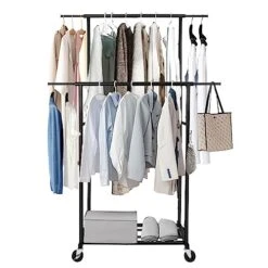 Fishat Simple Standard Freestanding Double Rod Clothing Metal Garment Rack For Hanging Clothes, Rolling Clothes Organizer On Lockable Wheels Mobile, With 2 Hooks (Black) -GENERIC Shop 51UZEtV10hL