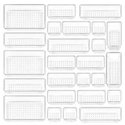 Vtopmart 25 PCS Clear Plastic Drawer Organizers Set, 4-Size Versatile Bathroom And Vanity Drawer Organizer Trays, Storage Bins For Makeup, Bedroom, Kitchen Gadgets Utensils And Office