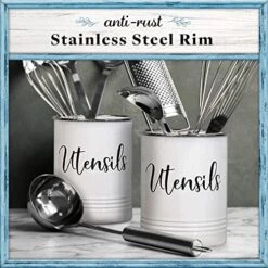 Home Acre Designs Kitchen Utensil Holder Utensil Crocks Countertop Organizer Vintage Farmhouse Kitchen Decor Caddy For Utensils, Utensil Holder Stainless Steel Rim White -GENERIC Shop 51VJ7PYoYtL