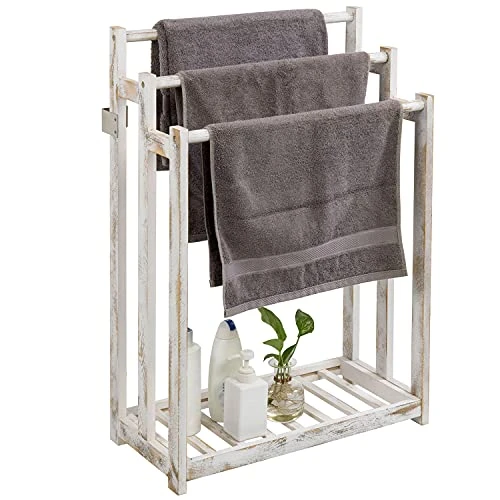 MyGift Shabby Whitewashed Wood Freestanding 3 Bar Towel Rack Holder With Bottom Storage Shelf, Laundry And Bathroom Towel Drying Rack 6 MyGift Shabby Whitewashed Wood Freestanding 3 Bar Towel Rack Holder With Bottom Storage Shelf, Laundry And Bathroom Towel Drying Rack - Image 6