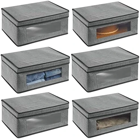 MDesign Fabric Stackable Slim Shelf Storage Organizer Box With Window/Attached Lid For Organizing Bedroom Closet - Holds Purses, Linens, Accessories - Lido Collection - 6 Pack, Cream/Espresso Brown 7 MDesign Fabric Stackable Slim Shelf Storage Organizer Box With Window/Attached Lid For Organizing Bedroom Closet - Holds Purses, Linens, Accessories - Lido Collection - 6 Pack, Cream/Espresso Brown - Image 7