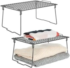 MDesign Farmhouse Metal Stackable Storage Shelf - Closet, Cabinet, Countertop 2-Tier Raised Organizer - For Bedrooms, Bathrooms, Entryways, Hallways - 17" X 12" X 8", 2 Pack - Graphite Gray -GENERIC Shop 51W6Kr5cDKL. AC