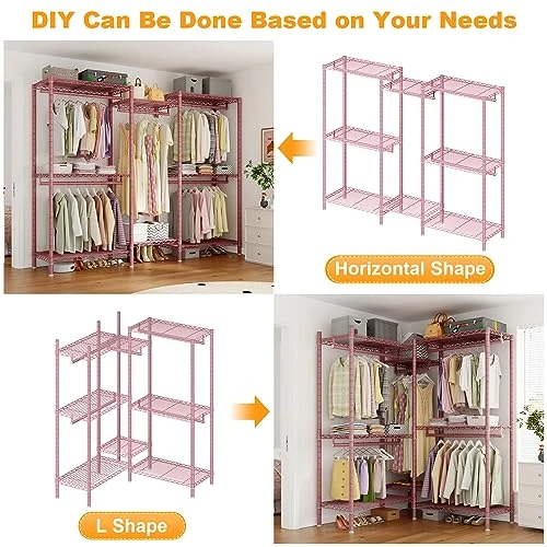 Raybee Pink Clothes Rack, Heavy Duty Clothing Racks For Hanging Clothes Load 835LBS, Metal Freestanding Closet, Clothing Rack Heavy Duty Garment Rack, Sturdy Clothes Rack, 77" H*75" W*17.8" D, Pink 5 Raybee Pink Clothes Rack, Heavy Duty Clothing Racks For Hanging Clothes Load 835LBS, Metal Freestanding Closet, Clothing Rack Heavy Duty Garment Rack, Sturdy Clothes Rack, 77" H*75" W*17.8" D, Pink - Image 5