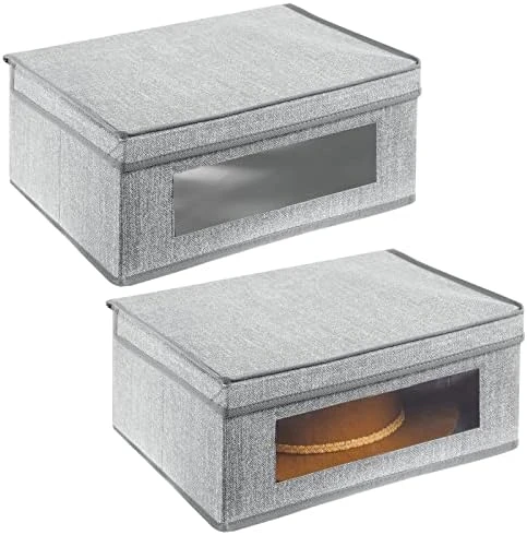 MDesign Fabric Stackable Slim Shelf Storage Organizer Box With Window/Attached Lid For Organizing Bedroom Closet - Holds Purses, Linens, Accessories - Lido Collection - 6 Pack, Cream/Espresso Brown 9 MDesign Fabric Stackable Slim Shelf Storage Organizer Box With Window/Attached Lid For Organizing Bedroom Closet - Holds Purses, Linens, Accessories - Lido Collection - 6 Pack, Cream/Espresso Brown - Image 9