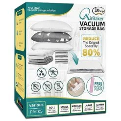 AirBaker 10 Pack (Large) Vacuum Storage Bags, Space Saver Sealer Bags For Clothes Comforters Blankets Pillows With Travel Hand Pump