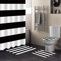 Lack White Striped 4 Piece Bathroom Set, 72" W X 72" L Shower Curtain And Bath Mat Set With Non-Slip Rug, Toilet Lid Cover, Bath Mat, Classic Simple Black And White -GENERIC Shop 51XFv5GxyTL. AC 3