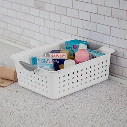 Sterilite Medium Ultra Ventilated Open Top Plastic Storage Organizer Basket With Gray Contoured Carrying Handles, White (24 Pack) 3 Sterilite Medium Ultra Ventilated Open Top Plastic Storage Organizer Basket With Gray Contoured Carrying Handles, White (24 Pack) - Image 3