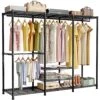Ulif E5 Freestanding Garment Rack, Metal Heavy-Duty 3 Rows Closet Organizer And Storage System With 6 Adjustable Shelves And 4 Clothes Hanger Rods, Max Load 780LBS, 67.9" W X 14.5" D X 77.1" H, Black
