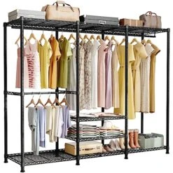 Ulif E5 Freestanding Garment Rack, Metal Heavy-Duty 3 Rows Closet Organizer And Storage System With 6 Adjustable Shelves And 4 Clothes Hanger Rods, Max Load 780LBS, 67.9" W X 14.5" D X 77.1" H, Black