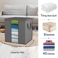 Fixwal Large Blanket Clothes Organization 3 Pack 100L Storage Containers Foldable Organizer With Reinforced Handle For Comforters Bedding Grey