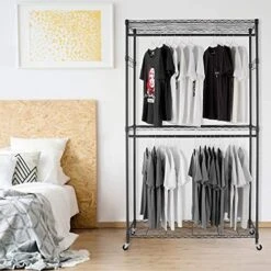 BATHWA Garment Rolling Rack, 3-Tiers Heavy Duty Wire Clothing Shelving, With Lockable Wheels, 2 Side Hooks, And 2 Clothes Rods (Black) -GENERIC Shop 51YadQnlNtS