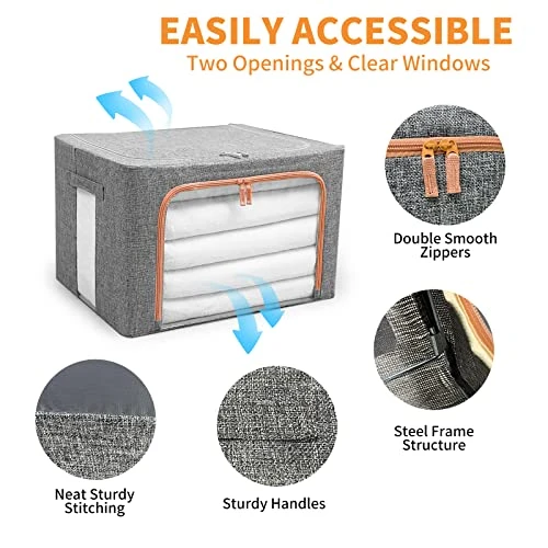 FLAHOLD 2 Pack Clothes Storage Bags, Foldable Linen Cloth Steel Frame Storage Box With Clear Window & Reinforced Handles For Bedding, Blankets, Pillows, Toys, Books(Grey, 24L, 2PCS) 3 FLAHOLD 2 Pack Clothes Storage Bags, Foldable Linen Cloth Steel Frame Storage Box With Clear Window & Reinforced Handles For Bedding, Blankets, Pillows, Toys, Books(Grey, 24L, 2PCS) - Image 3