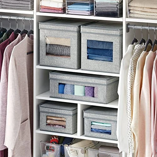 MDesign Fabric Stackable Slim Shelf Storage Organizer Box With Window/Attached Lid For Organizing Bedroom Closet - Holds Purses, Linens, Accessories - Lido Collection - 6 Pack, Cream/Espresso Brown 3 MDesign Fabric Stackable Slim Shelf Storage Organizer Box With Window/Attached Lid For Organizing Bedroom Closet - Holds Purses, Linens, Accessories - Lido Collection - 6 Pack, Cream/Espresso Brown - Image 3