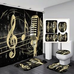 OLEBETY 4PCS Music Shower Curtain Set, Musical Notes Luxury Modern Bathroom Decor, Waterproof Fabric Black Shower Curtain, Non-slip Bath Mat Toilet Rug, Gifts For Music Lover Musician, Gold Microphone