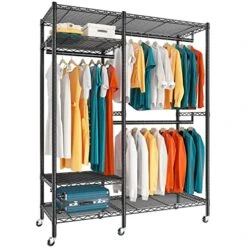 Raybee Heavy Duty Clothes Rack With Wheels, 650LBS Capacity Rolling Clothes Racks For Hanging Clothes, Metal Clothing Rack Heavy Duty Garment Rack, Lockable & Easy Assembly, 79" H X45 W X17 D, Black