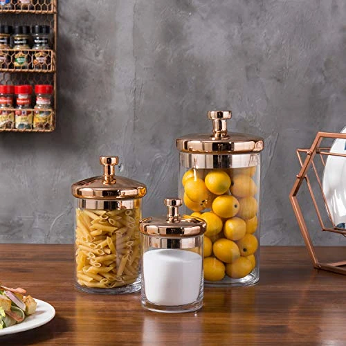 MyGift 6 Piece Clear Glass Apothecary Jar Set With Copper Lid - Decorative Kitchen And Bath Storage Canisters, Wedding Centerpiece Jars, Candy Buffet With Lids 2 MyGift 6 Piece Clear Glass Apothecary Jar Set With Copper Lid - Decorative Kitchen And Bath Storage Canisters, Wedding Centerpiece Jars, Candy Buffet With Lids - Image 2