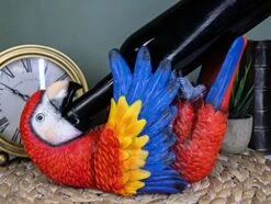 Ebros Gift Tropical Rio Rainforest Red Scarlet Macaw Parrot Wine Bottle Holder Caddy Figurine 10.25" Long Kitchen Dining Party Hosting Decor Statue Of South American Evergreen Forest Birds