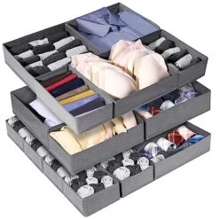 15 Pack Underwear Drawer Organizer Sock Dividers, 3 Inches High Foldable Cabinet Closet Storage Fabric Dresser Basket Organization Bins Storage Boxes For Clothing, Socks, Bras,Ties, Underwear Gray