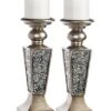 Creative Scents Schonwerk Pillar Candle Holder Set Of 2- Crackled Mosaic Design- Home Coffee Table Decor Decorations Centerpiece For Dining/Living Room- Best Wedding Gift (Silver)