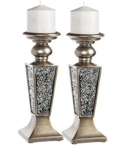 Creative Scents Schonwerk Pillar Candle Holder Set Of 2- Crackled Mosaic Design- Home Coffee Table Decor Decorations Centerpiece For Dining/Living Room- Best Wedding Gift (Silver)