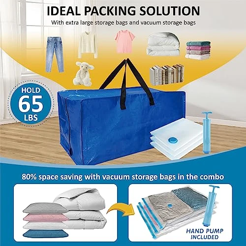 6 Pack Heavy Duty Extra Large Moving Bags With Backpack Straps & Vacuum Storage Bags Moving Supply Combo, Moving Totes With Handles & Zippers For Space Saving, Fold Flat, Includes Vacuum Bags 2 6 Pack Heavy Duty Extra Large Moving Bags With Backpack Straps & Vacuum Storage Bags Moving Supply Combo, Moving Totes With Handles & Zippers For Space Saving, Fold Flat, Includes Vacuum Bags - Image 2
