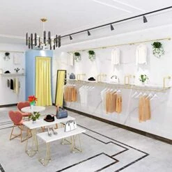 Ethemiable Simple Metal Wood Clothing Store Display Stands, Entrance Porch Organization Hanging Garment Rack,Wall Mounted Storage Clothes Shoe Bag Pipe Shelf, Home Bookcase Towel Rack (Gold, 47.2" L) -GENERIC Shop 51elXvlikfL