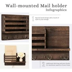 Dahey Wall Mounted Mail Holder Wooden Key Holder Rack Mail Sorter Organizer With 4 Double Key Hooks And A Floating Shelf Rustic Home Decor For Entryway Or Mudroom,15.7" W X9.3 Hx3.2 D, Brown -GENERIC Shop 51fig4hvrGL