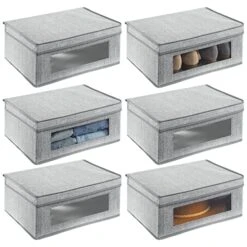 MDesign Fabric Stackable Slim Shelf Storage Organizer Box With Window/Attached Lid For Organizing Bedroom Closet - Holds Purses, Linens, Accessories - Lido Collection - 6 Pack, Cream/Espresso Brown