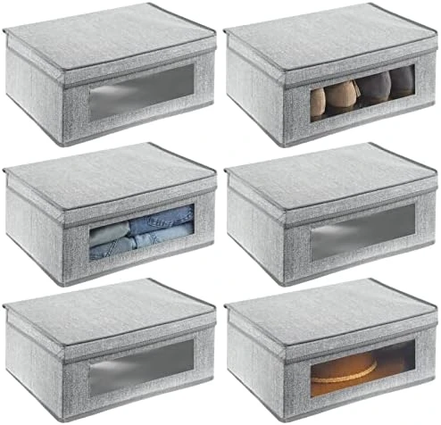 MDesign Fabric Stackable Slim Shelf Storage Organizer Box With Window/Attached Lid For Organizing Bedroom Closet - Holds Purses, Linens, Accessories - Lido Collection - 6 Pack, Cream/Espresso Brown 11 MDesign Fabric Stackable Slim Shelf Storage Organizer Box With Window/Attached Lid For Organizing Bedroom Closet - Holds Purses, Linens, Accessories - Lido Collection - 6 Pack, Cream/Espresso Brown - Image 11