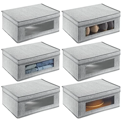 MDesign Fabric Stackable Slim Shelf Storage Organizer Box With Window/Attached Lid For Organizing Bedroom Closet - Holds Purses, Linens, Accessories - Lido Collection - 6 Pack, Cream/Espresso Brown 1 MDesign Fabric Stackable Slim Shelf Storage Organizer Box With Window/Attached Lid For Organizing Bedroom Closet - Holds Purses, Linens, Accessories - Lido Collection - 6 Pack, Cream/Espresso Brown